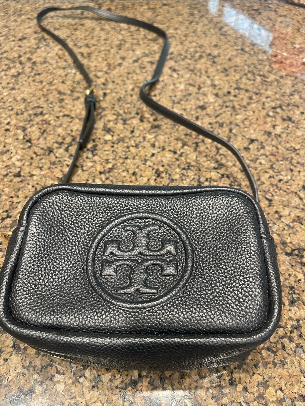 Tory Burch Black Pebbled Leather Logo Crossbody